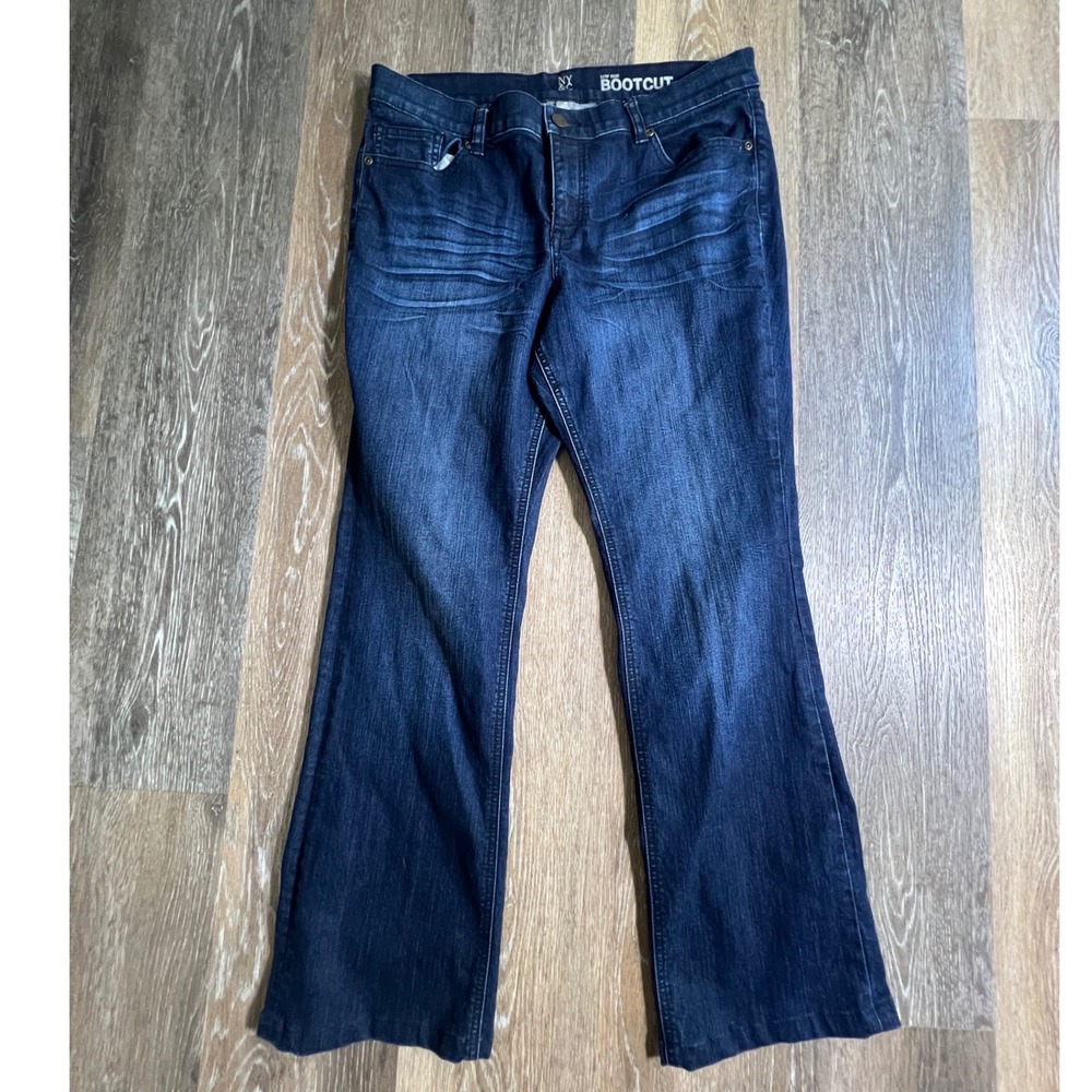 NY&C Bootcut Jeans Women 14 Petite Blue Low Rise Whiskered Denim